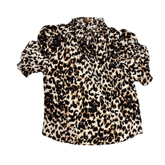 THML Boutique Women's Top Size Small Leopard Ruffle Sleeve High Neck - Picture 2 of 6